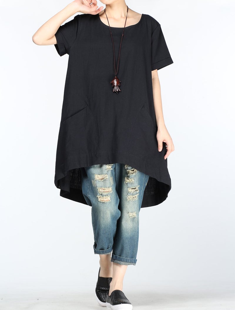Minibee Women's Cotton Linen Short Sleeve Tunic/Top Tees (XXL, Black) - Image 2